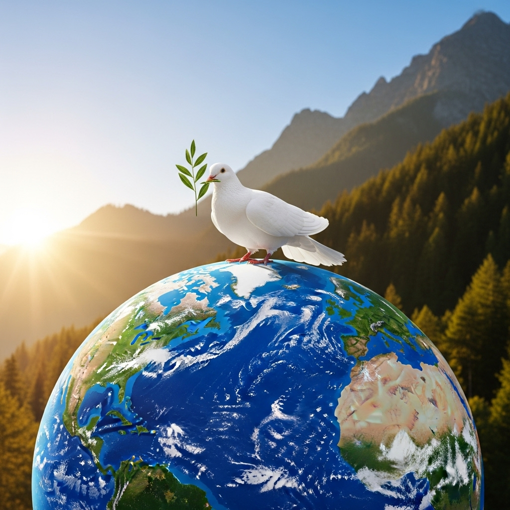 Dove of Peace on Earth with Olive Branch for Global Harmony